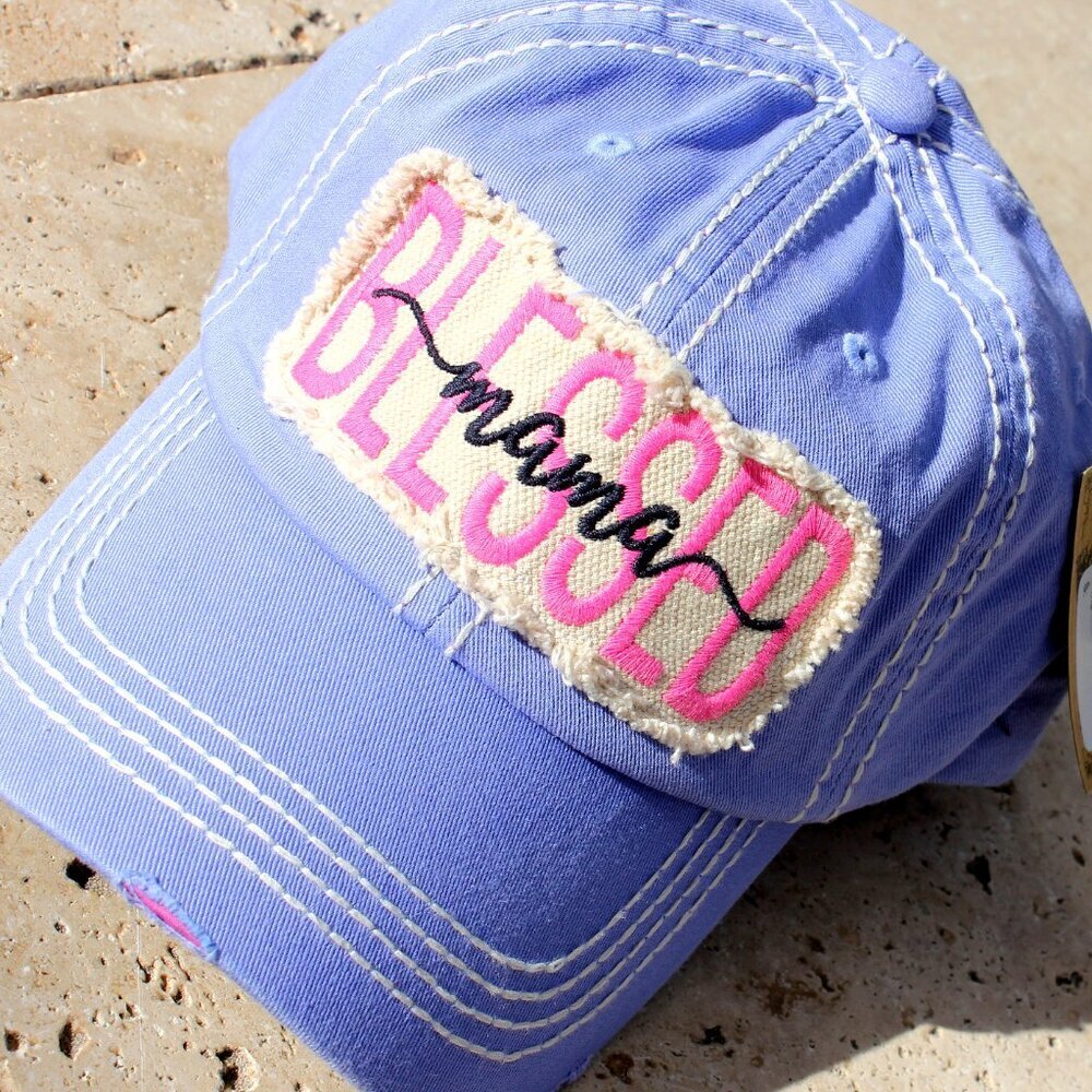 Womens BLESSED Mama Pink Vintage Ballcap Baseball Cap Hat in Distressed Purple